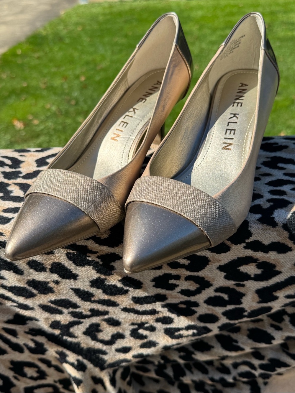 Anne Klein Bronze Metallic Pointed Toe Pumps with Textured Strap